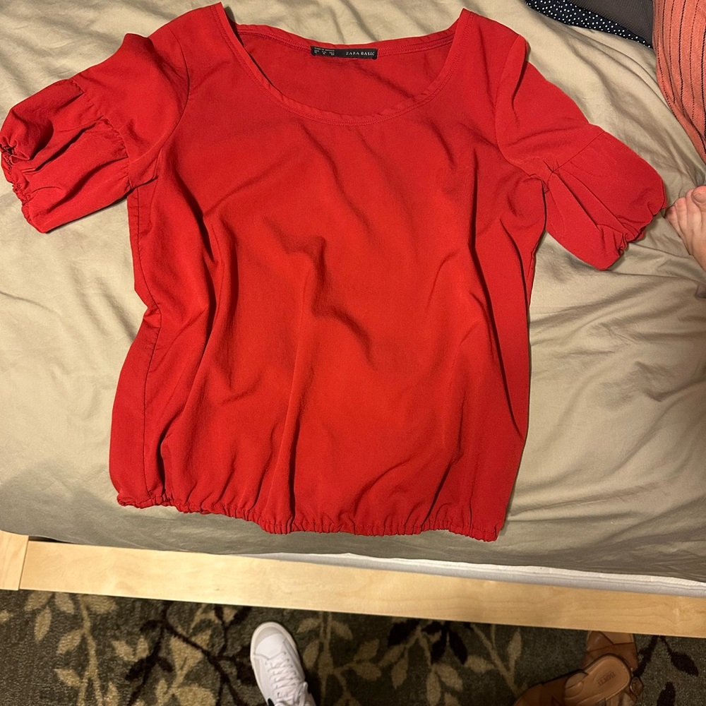 Zara Red Blouse with Puff Sleeves
